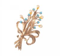 14 CT GOLD PEARL AND TURQUOISE BROOCH at Ross's Online Art Auctions