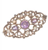 9 CT GOLD AMETHYST AND SEED PEARL BROOCH at Ross's Online Art Auctions