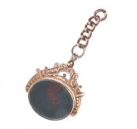 ENGRAVED 9 CT GOLD SWIVEL FOB SET WITH BLOOD STONE AND CARNELIAN at Ross's Online Art Auctions