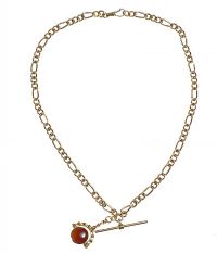 9 CT GOLD ALBERT CHAIN AND FOB WITH CARNELIAN AND TIGER'S EYE at Ross's Online Art Auctions