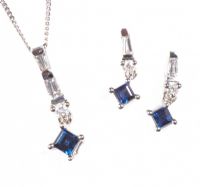 9CT WHITE GOLD SAPPHIRE AND DIAMOND NECKLACE AND EARRING SET at Ross's Online Art Auctions