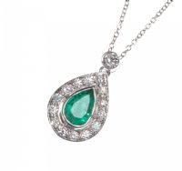 18CT WHITE GOLD EMERALD AND DIAMOND PEAR SHAPE PENDANT AND CHAIN at Ross's Online Art Auctions