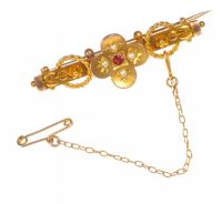 9CT GOLD, RUBY AND SEED PEARL BAR BROOCH at Ross's Online Art Auctions