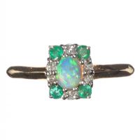9CT GOLD OPAL, EMERALD AND DIAMOND CLUSTER RING at Ross's Online Art Auctions