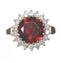 18CT GOLD GARNET AND DIAMOND CLUSTER RING at Ross's Online Art Auctions