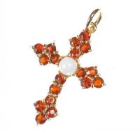 9CT GOLD GARNET AND PEARL CROSS at Ross's Online Art Auctions