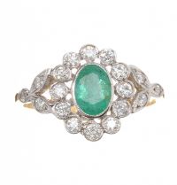 18CT GOLD EMERALD AND DIAMOND FLORAL CLUSTER RING at Ross's Online Art Auctions