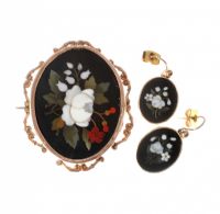 9CT GOLD MOSAIC BROOCH AND EARRINGS SET at Ross's Online Art Auctions