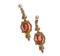 9CT GOLD GARNET AND PEARL DROP EARRINGS at Ross's Online Art Auctions