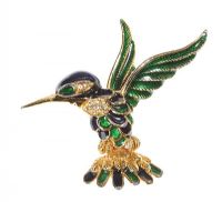 GOLD PLATE, ENAMEL AND CRYSTAL HUMMINGBIRD BROOCH at Ross's Online Art Auctions