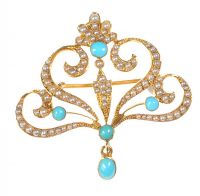 15CT GOLD TURQUOISE AND SEED PEARL BROOCH/PENDANT at Ross's Online Art Auctions