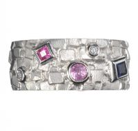 14CT WHITE GOLD RUBY, BLUE SAPPHIRE, PINK SAPPHIRE AND DIAMOND RING at Ross's Online Art Auctions