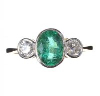 18CT GOLD EMERALD AND DIAMONE THREE STONE RING at Ross's Online Art Auctions