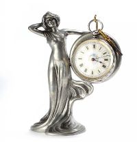 ART NOUVEAU WHITE METAL POCKET WATCH HOLDER WITH SILVER POCKET WATCH at Ross's Online Art Auctions