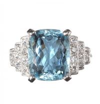 18CT WHITE GOLD AQUAMARINE AND DIAMOND RING IN THE STYLE OF ART DECO at Ross's Online Art Auctions