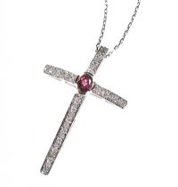 9CT WHITE GOLD RUBY AND DIAMOND CROSS AND CHAIN at Ross's Online Art Auctions