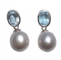 STERLING SILVER AQUAMARINE AND GREY FRESHWATER PEARL DROP EARRINGS at Ross's Online Art Auctions