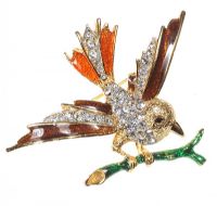 GOLD-COLOURED METAL ENAMEL AND CRYSTAL BIRD BROOCH at Ross's Online Art Auctions