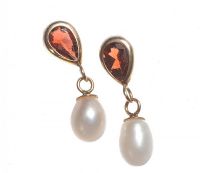 9CT GOLD GARNET AND PEARL DROP EARRINGS at Ross's Online Art Auctions