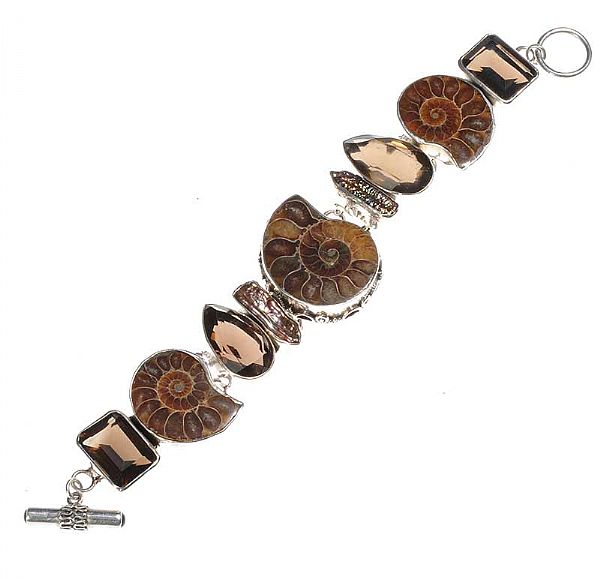 STERLING SILVER, AMMONITE FOSSIL, MOTHER-OF-PEARL AND CRYSTAL BRACELET