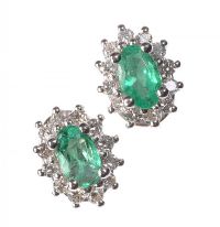 18CT WHITE GOLD EMERALD AND DIAMOND CLUSTER EARRINGS at Ross's Online Art Auctions