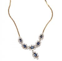 18CT GOLD SAPPHIRE AND DIAMOND CLUSTER NECKLACE at Ross's Online Art Auctions