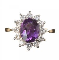 18CT GOLD AMETHYST AND DIAMOND CLUSTER RING at Ross's Online Art Auctions
