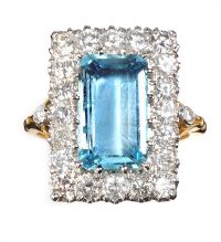 18CT GOLD AQUAMARINE AND DIAMOND CLUSTER RING at Ross's Online Art Auctions