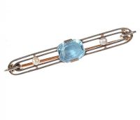 9CT GOLD AQUAMARINE AND SEED PEARL BAR BROOCH at Ross's Online Art Auctions
