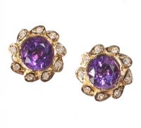 9CT GOLD AMETHYST AND DIAMOND FLORAL CLUSTER EARRINGS at Ross's Online Art Auctions