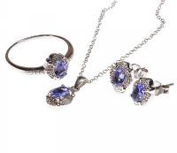 STERLING SILVER, TANZANITE AND DIAMOND RING, PENDANT AND CHAIN AND STUD EARRINGS SUITE at Ross's Online Art Auctions