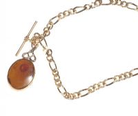 9CT GOLD CURB LINK NECKLACE WITH BAR AND COLOURED STONE FOB at Ross's Online Art Auctions