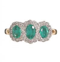 18CT GOLD EMERALD AND DIAMOND TRIPLE CLUSTER RING at Ross's Online Art Auctions