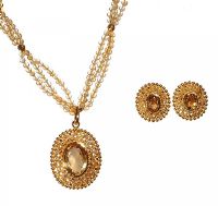 A SUITE OF 22CT GOLD AND CITRINE TRIPLE STRAND PENDANT NECKLACE AND EARRINGS at Ross's Online Art Auctions