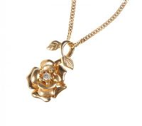 9CT GOLD ROSE PENDANT SET WITH A SINGLE DIAMOND ON A FINE 9CT GOLD FLAT LINK CHAIN at Ross's Online Art Auctions
