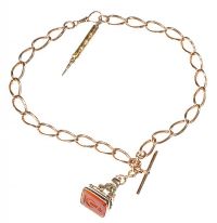 9CT ROSE GOLD ALBERT CHAIN, GOLD PLATED FOB SET WITH CARNELIAN WITH AN INCISED WORKMAN FAMILY CREST AND 9CT GOLD PROPELLING PENCIL at Ross's Online Art Auctions