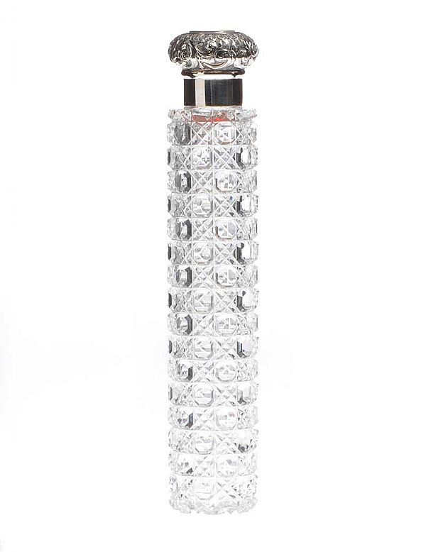 STERLING SILVER TOPPED PERFUME BOTTLE WITH HOBNAIL CUT GLASS