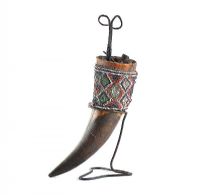 HORN VASE ON A STEEL STAND WITH BEADWORK COLLAR at Ross's Online Art Auctions