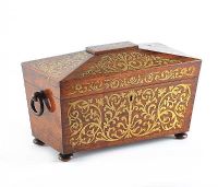 19TH CENTURY ROSEWOOD SARCOPHAGUS SHAPED TEA CADDY WITH BRASS INLAY AND RING DROP HANDLES FITTED WITH TWO TEA COMPARTMENTS AND A GLASS MIXING BOWL at Ross's Online Art Auctions