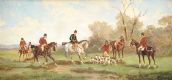 RUDOLF STONE - THE HUNT, SET OF 4 OIL PAINTINGS ON PANELS - 4.5 X 12.5 INCHES - SIGNED LOWER RIGHT at Ross's Online Art Auctions