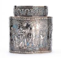 EMBOSSED SILVER OVAL SHAPED TEA CADDY WITH AN OVAL SHAPED LID - BIRMINGHAM 1905 at Ross's Online Art Auctions
