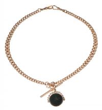 9CT ROSE GOLD ALBERT CHAIN WITH T-BAR AND SWIVEL FOB SET WITH CARNELIAN AND BLOODSTONE at Ross's Online Art Auctions