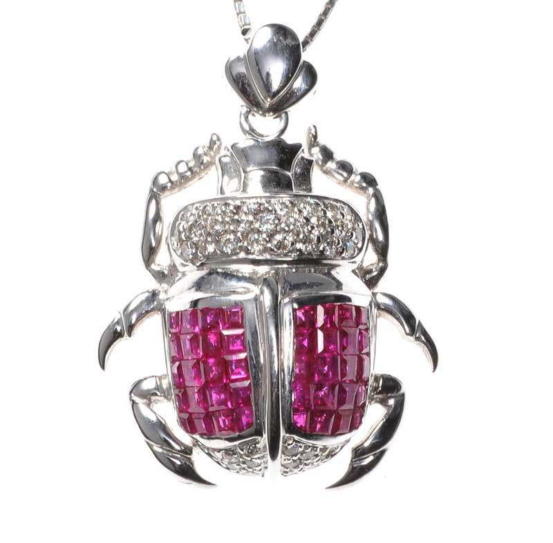 18CT WHITE GOLD, RUBY AND DIAMOND SCARAB PENDANT AND CHAIN at Ross's Online Art Auctions