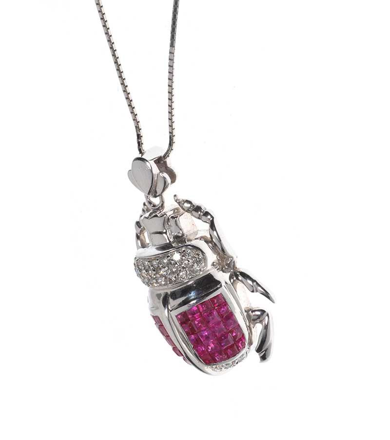 18CT WHITE GOLD, RUBY AND DIAMOND SCARAB PENDANT AND CHAIN at Ross's Online Art Auctions