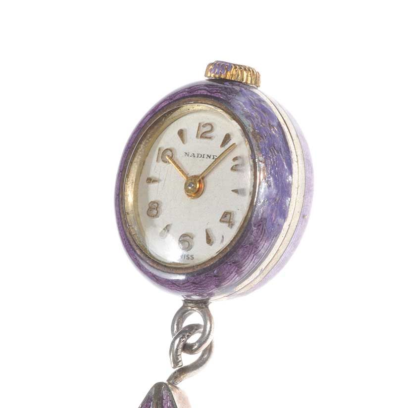 STERLING SILVER AND GUILLOCHE ENAMEL 'NADINE' FOB WATCH ON A BROOCH MOUNT at Ross's Online Art Auctions