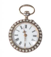 VICTORIAN 18CT GOLD AND SILVER-TONE METAL LADY'S FOB WATCH WITH ENAMEL AND SEED PEARLS at Ross's Online Art Auctions