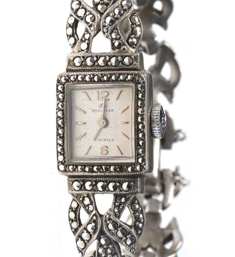 BUCHERER SILVER LADY'S WRIST WATCH SET WITH MARCASITE at Ross's Online Art Auctions