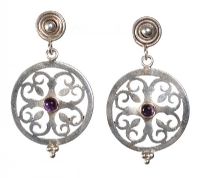 STERLING SILVER PIERCED DISC DROP EARRINGS SET WITH AMETHYST at Ross's Online Art Auctions