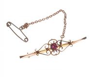 9CT ROSE GOLD AND PINK STONE FILIGREE BAR BROOCH at Ross's Online Art Auctions