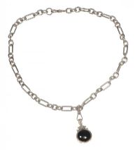 STERLING SILVER ALBERT-STYLE CHAIN AND ENGRAVED COLOURED STONE FOB at Ross's Online Art Auctions
